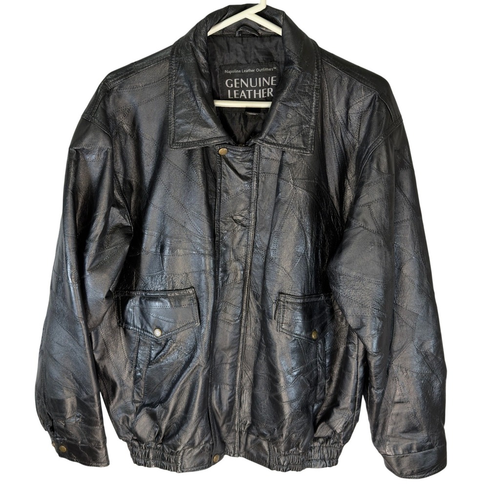 Napoline Leather Outfitters Mens XL Black Genuine Leather‎ Bomber Biker Jacket